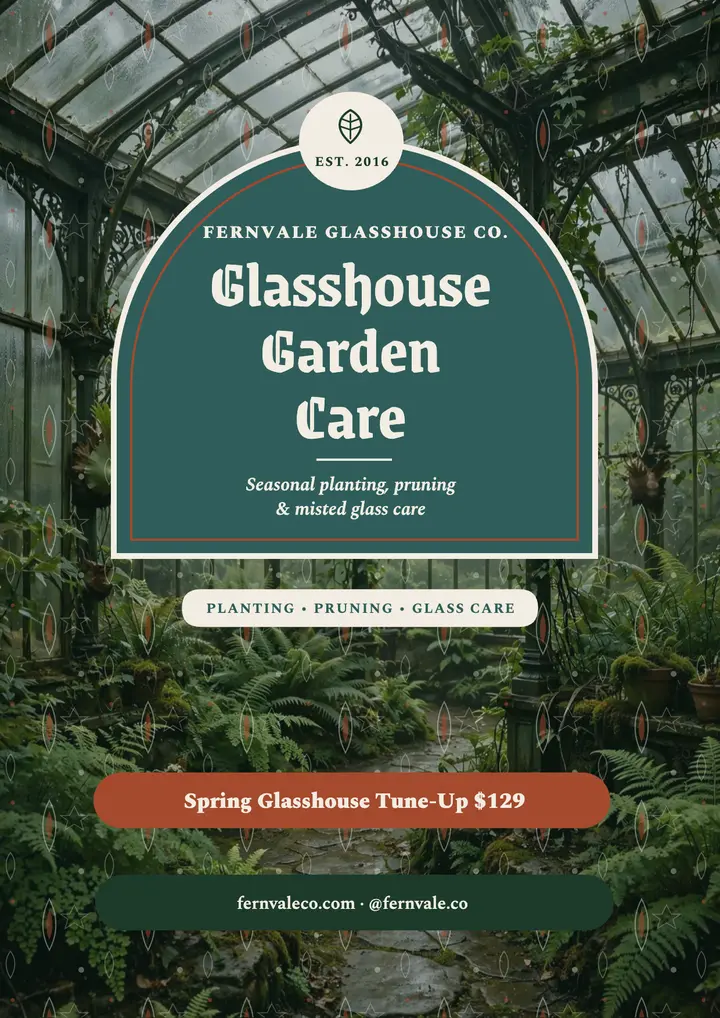 Fernvale glasshouse garden care flyer template