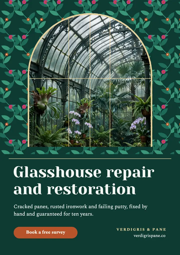 Verdigris and Pane glasshouse restoration: glasshouse repair and restoration flyer template