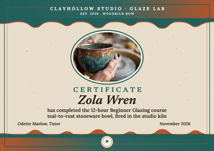Clayhollow glazing course certificate template