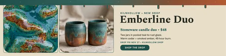 Kilnhollow Emberline Duo launch banner: stoneware candle duo banner template