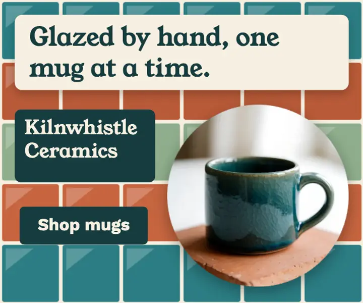 Glazed mug display ad, zellige glaze template