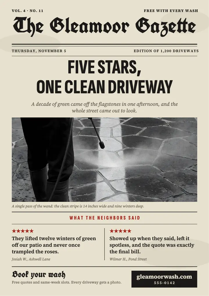 Gleamoor Pressure Washing reviews front-page flyer template