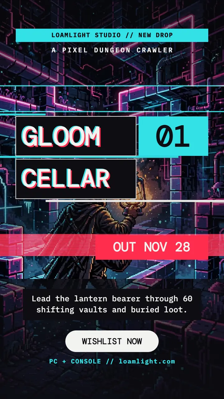 Gloomcellar pixel game glitch drop story template