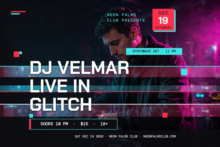 Neon Palms DJ Velmar glitch postcard: dj night postcard template