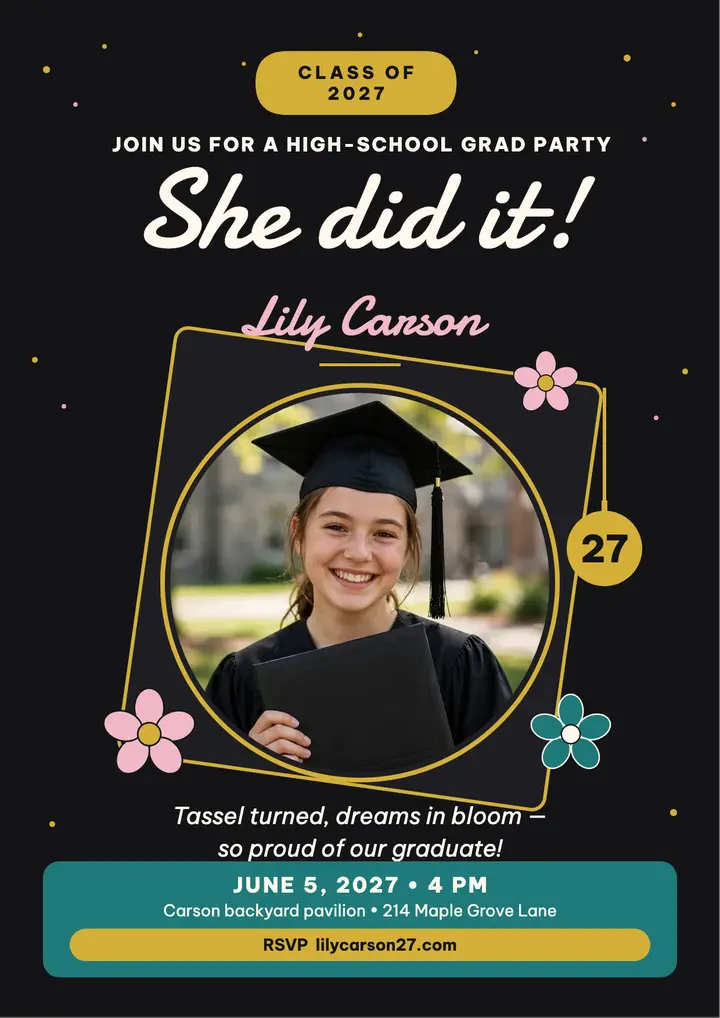 Lily Carson glitter cap grad party flyer template