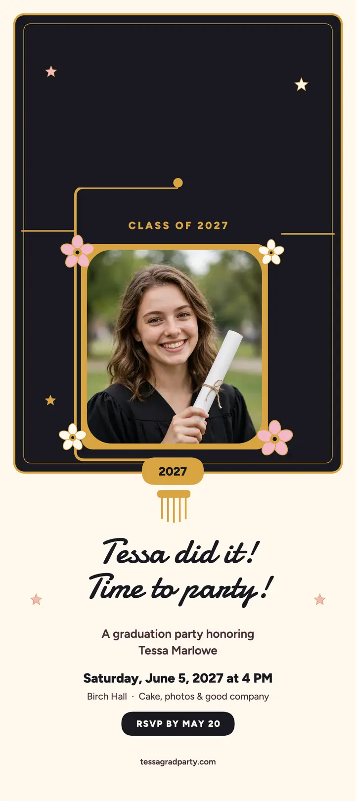 Tessa Marlowe glitter cap grad party rack: graduation party invitation template