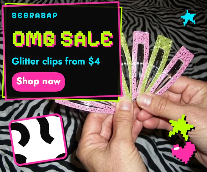 Zebrazap glitter clips sale ad, scene kid: hair clip sale ad template