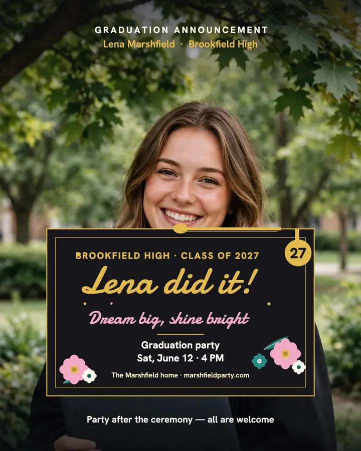 Glitter grad cap announcement, Lena: graduation announcement post template