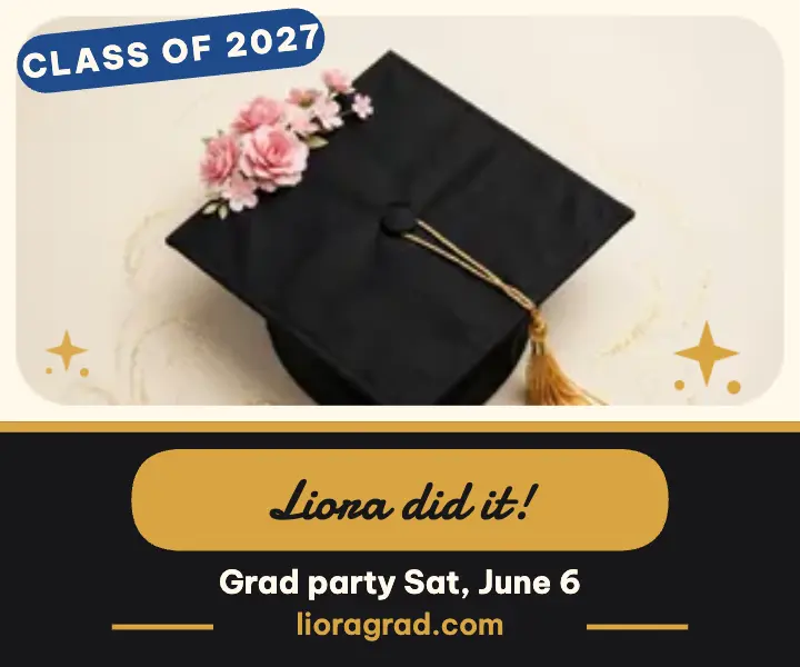 Liora Vensley glitter grad cap party ad: graduation party ad template