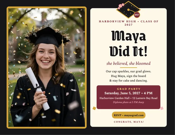 Maya's glitter grad cap party flyer template