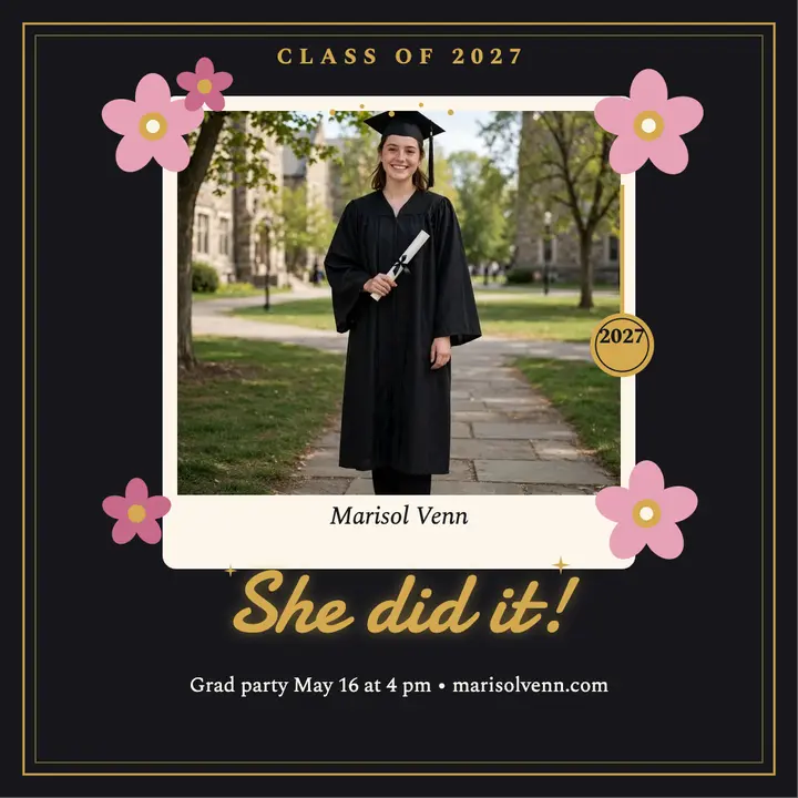 Marisol Venn glitter grad cap post: graduation photo post template