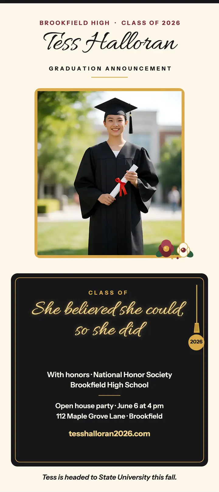 Glitter grad cap announcement, Tess template