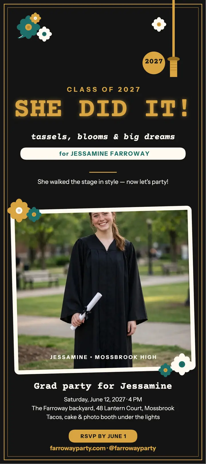 Jessamine grad party glitter cap invite template