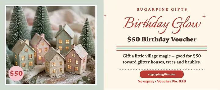 Birthday Glow voucher, glitter village template