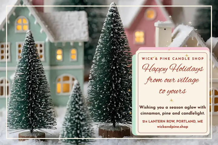 Wick and Pine glitter village holiday postcard template