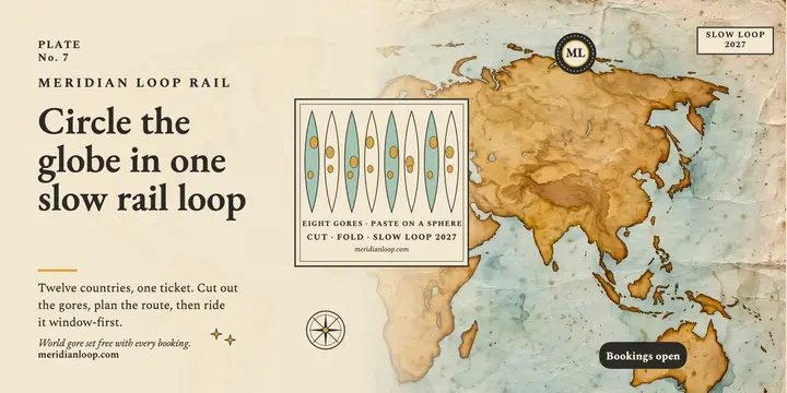 Meridian Loop Rail world gores post: rail journey map post template