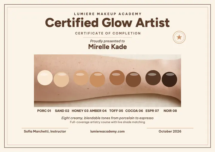 Certified Glow Artist shade certificate template