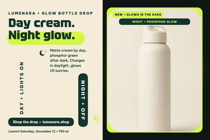 Lumenara glow bottle launch postcard template