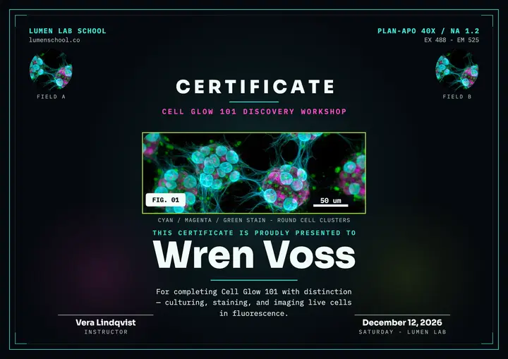 Cell Glow workshop certificate, neon cells template