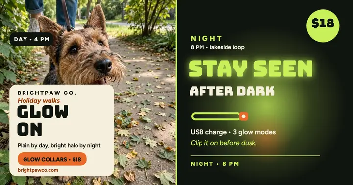 Brightpaw glow collar night walk post template
