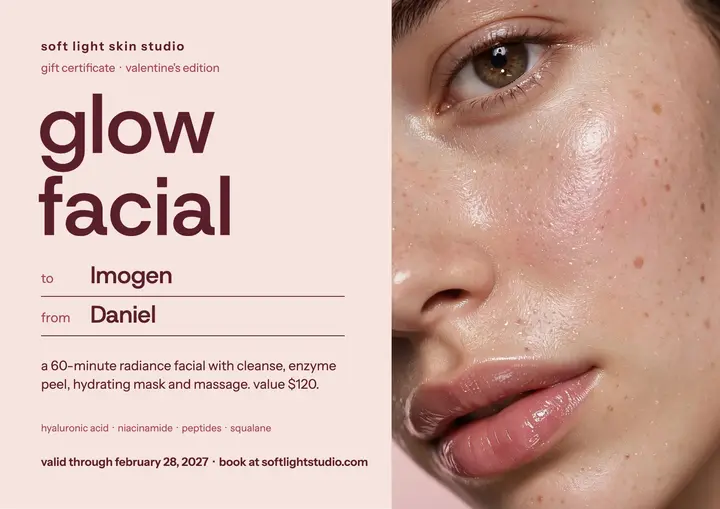 Soft Light Skin Studio glow facial gift certificate template