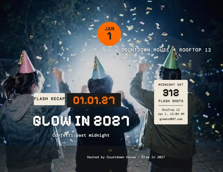Glow In 2027 confetti recap flyer: new year recap flyer template
