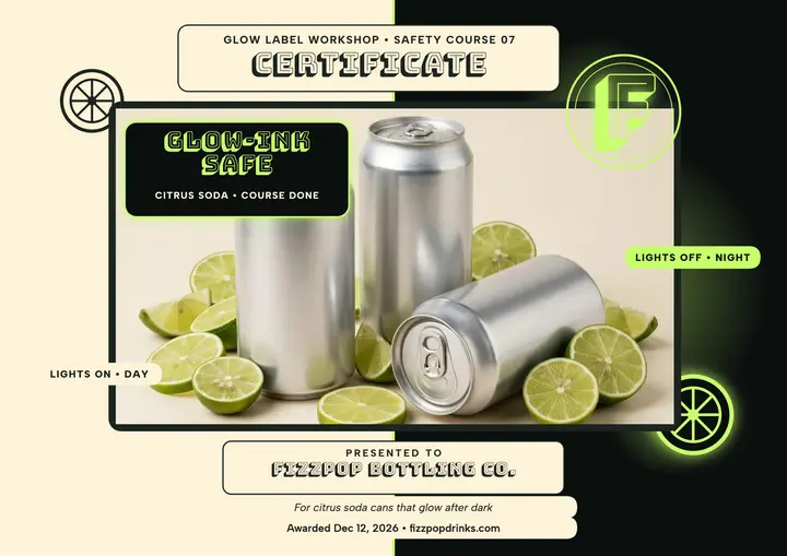 Fizzpop glow-ink safety certificate template