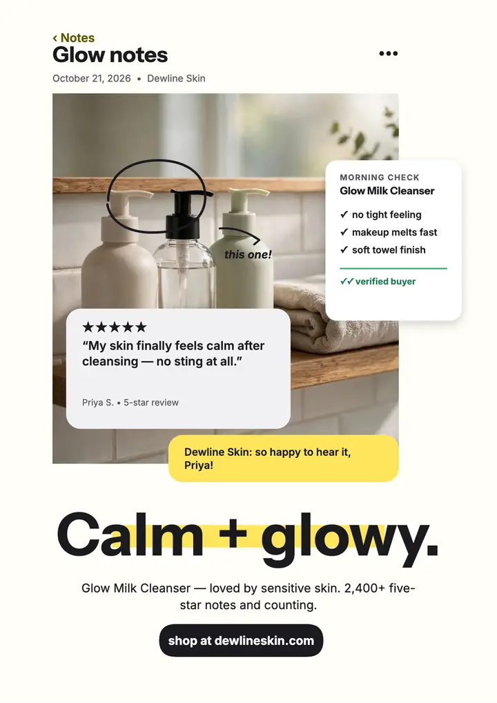 Dewline Glow Milk review notes flyer: skincare review flyer template