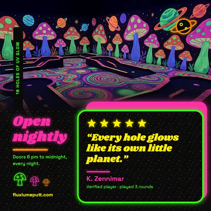 Fluxlume Putt glow-in-the-dark mini golf review card template