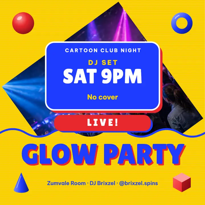 Glow Party cartoon club night, 90s TV ident template
