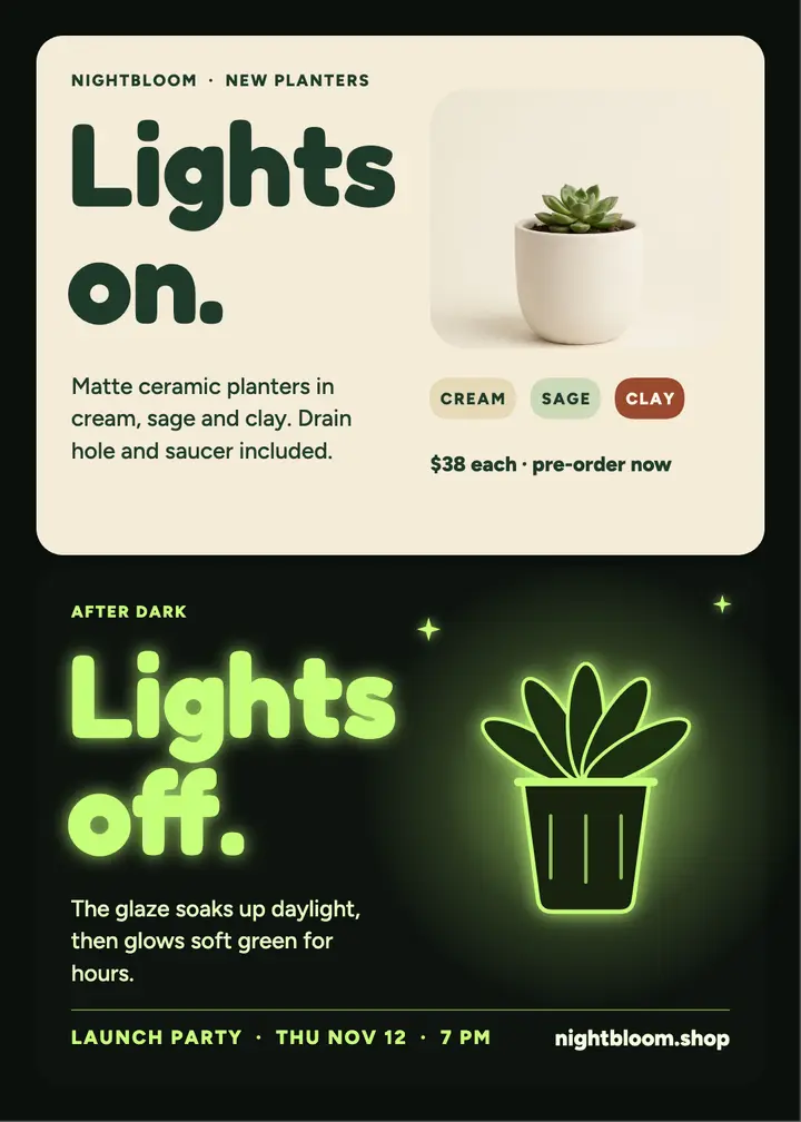Nightbloom glow planter launch invitation template