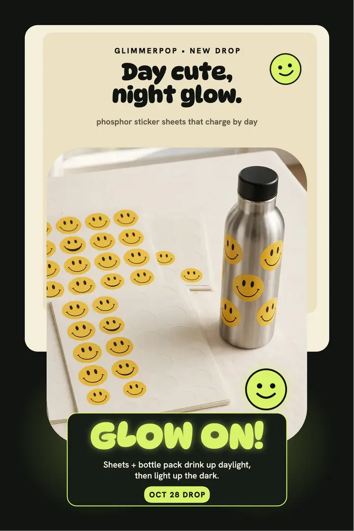 Glimmerpop glow sticker drop poster: product drop poster template