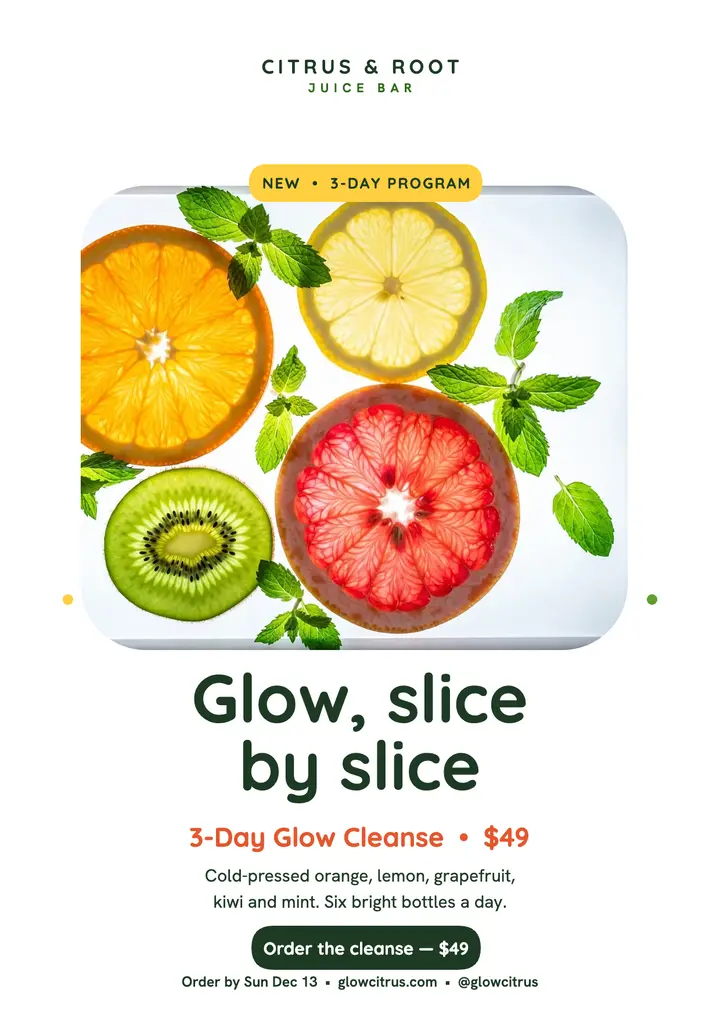 Citrus and Root glow cleanse flyer: juice cleanse flyer template