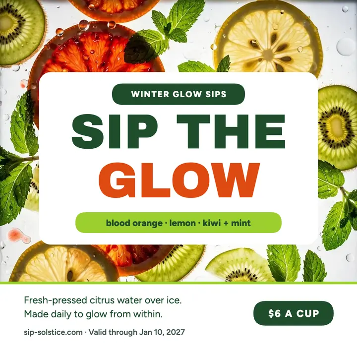 Sip Solstice glowing citrus water square promo template
