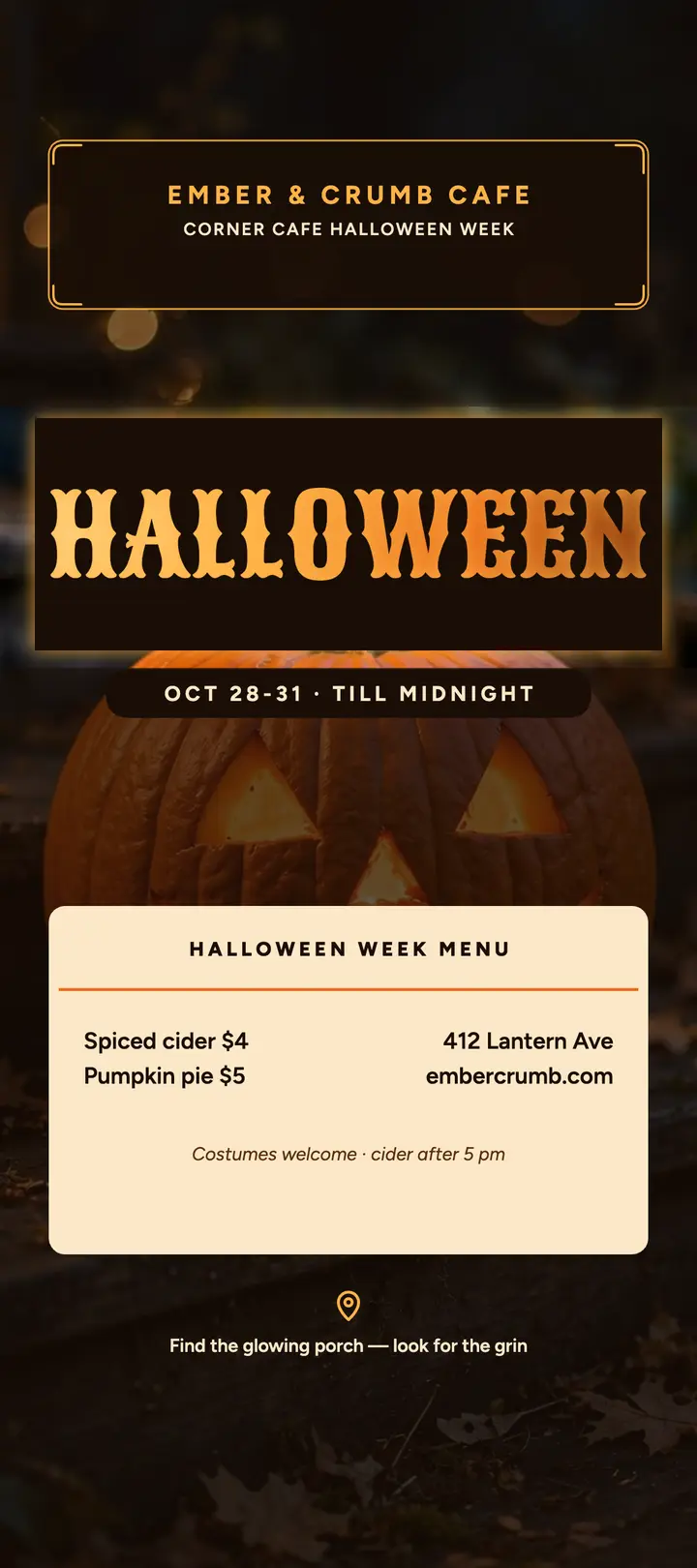 Ember and Crumb Halloween week rack card: halloween cafe rack card template
