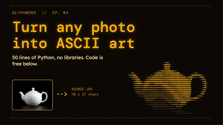 ASCII art tutorial YouTube thumbnail, amber phosphor template