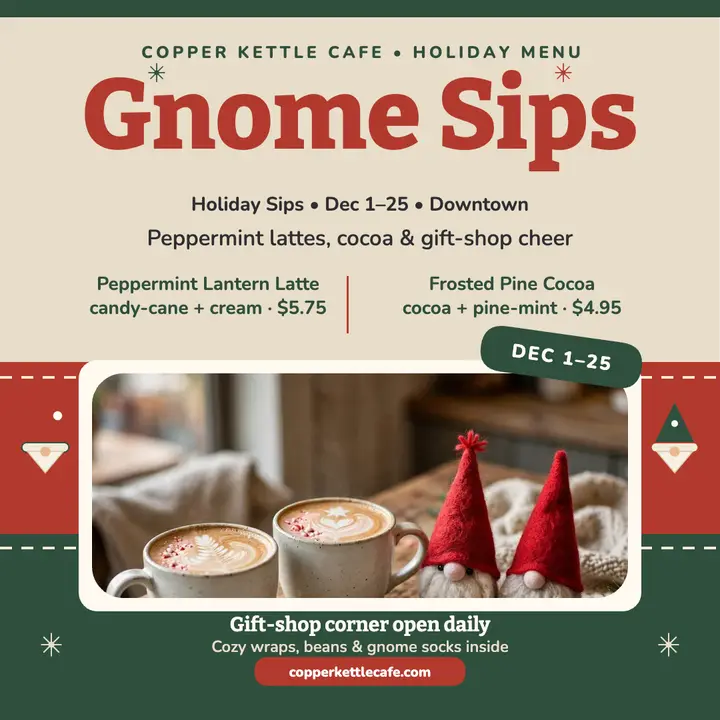 Copper Kettle gnome holiday sips menu template