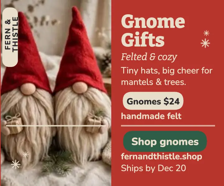 Fern and Thistle felted gnome gift ad template
