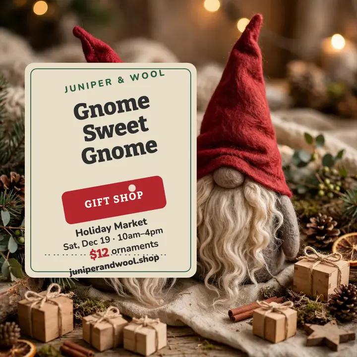 Juniper and Wool gnome gift shop post template