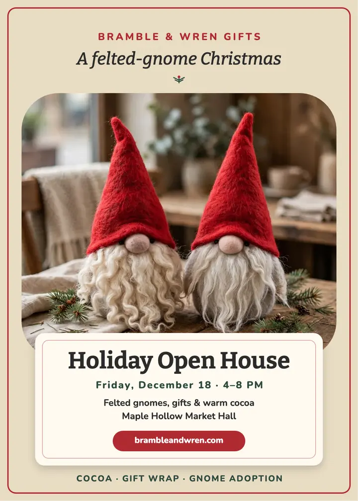 Bramble and Wren gnome holiday invitation template