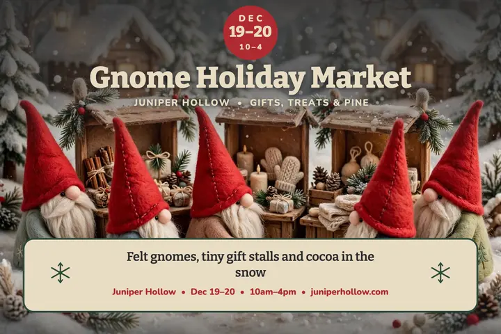 Juniper Hollow gnome holiday market postcard template
