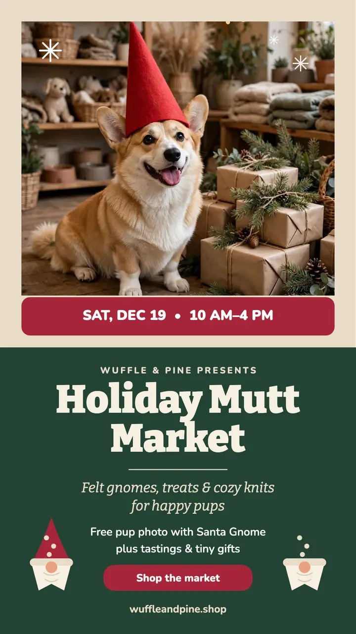 Wuffle and Pine holiday mutt market story: holiday pet market story template