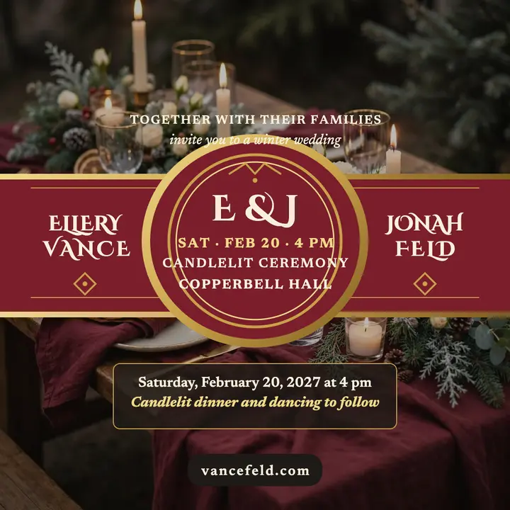 Candlelit winter wedding invitation with gold crest template