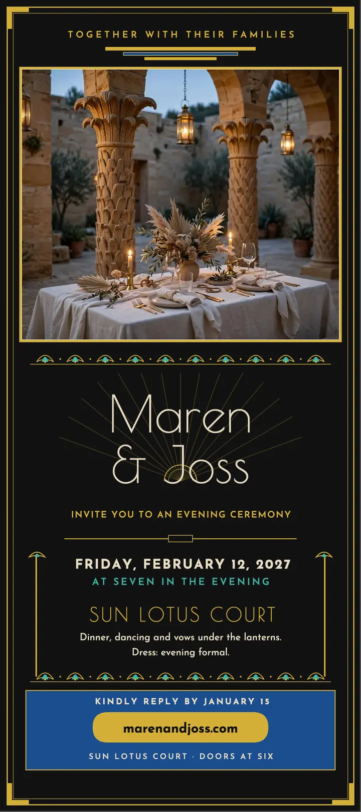 Maren and Joss gold deco wedding rack card: wedding invitation template