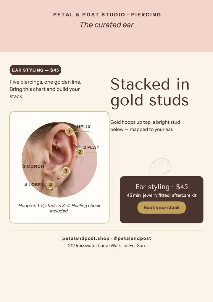 Petal and Post gold ear stack flyer: piercing studio flyer template