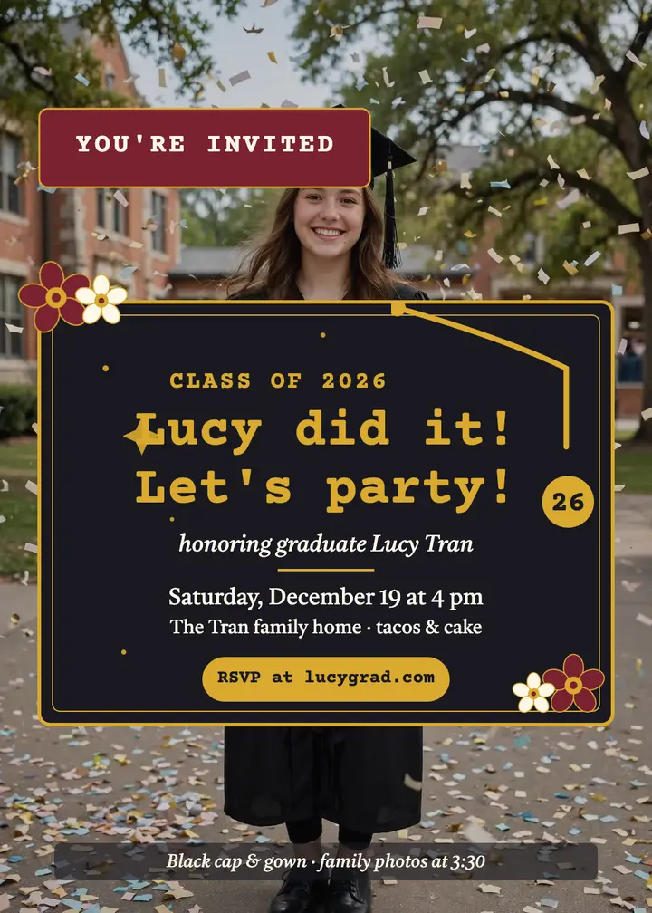 Lucy Tran gold grad party invitation template