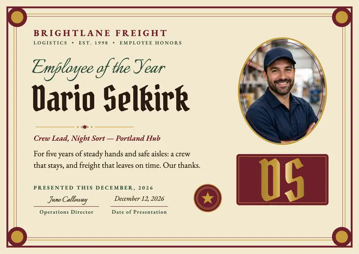 Brightlane Freight employee of year certificate template
