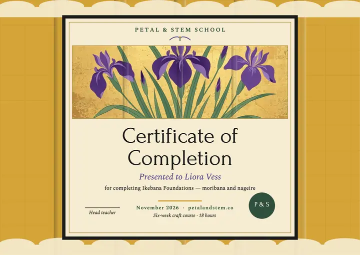 Petal and Stem ikebana certificate, gold screen: ikebana certificate template