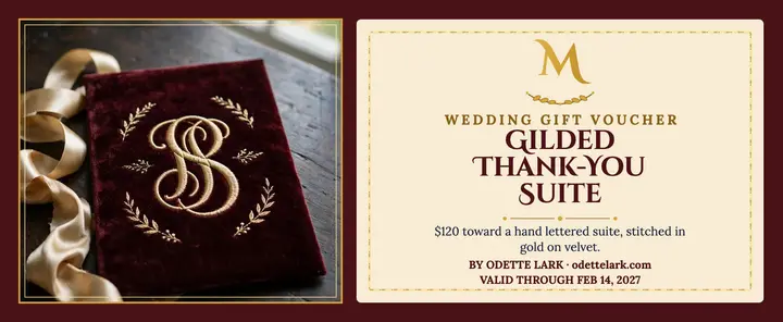 Gold monogram wedding voucher, velvet suite: wedding gift voucher template
