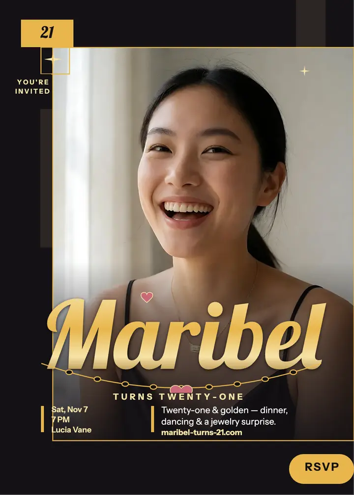 Maribel gold nameplate 21st invitation: birthday invitation template